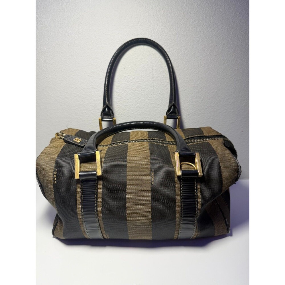 Fendi Striped Canvas Satchel in Black and Brown